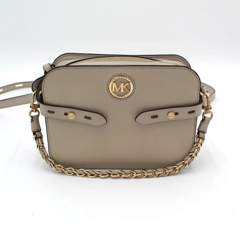 Michael Kors Carmen Crossbody Bag Beige Saffiano Leather Gold Chain Purse